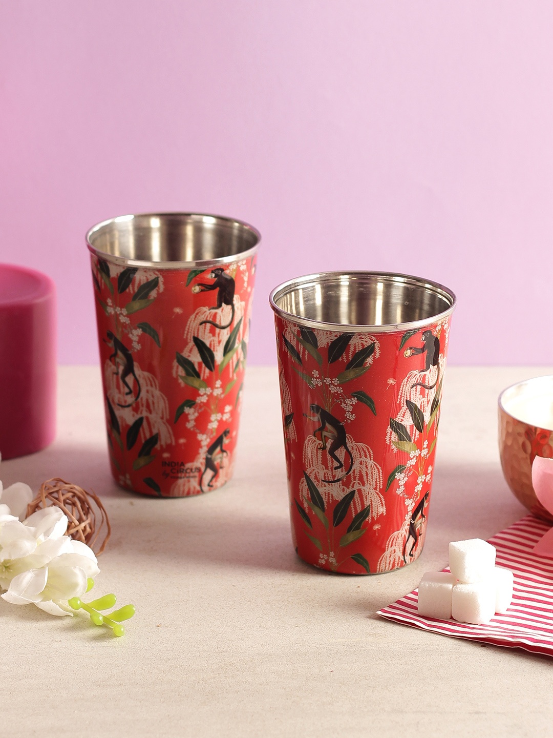 

India Circus by Krsnaa Mehta Set of 2 Multicoloured Printed Steel Tumblers, Multi