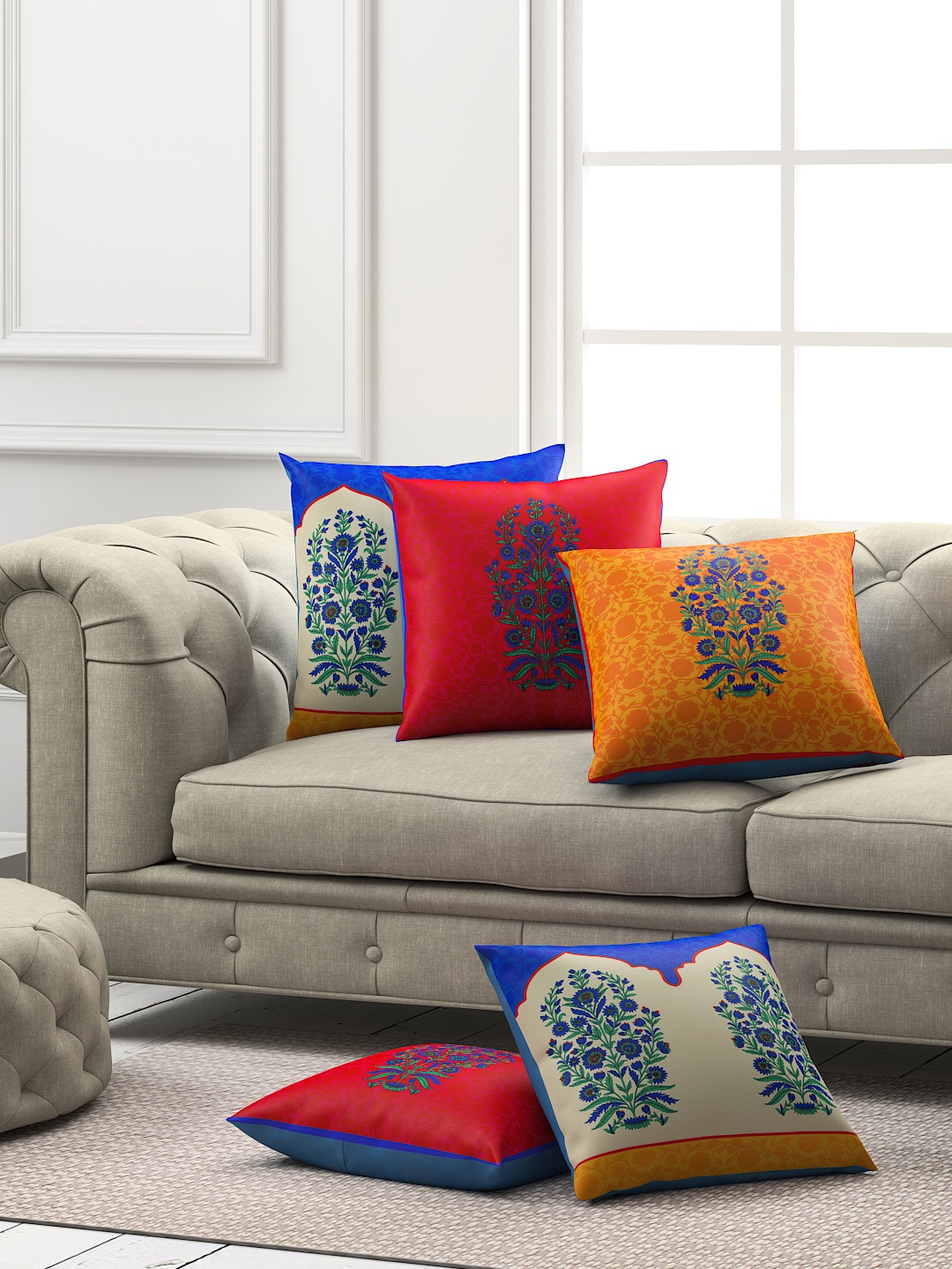 

SEJ by Nisha Gupta Set of 5 Printed Square Cushion Covers, Red