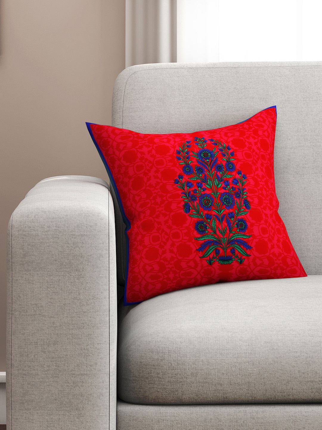 

SEJ by Nisha Gupta Red & Blue Single Floral Square Cushion Cover