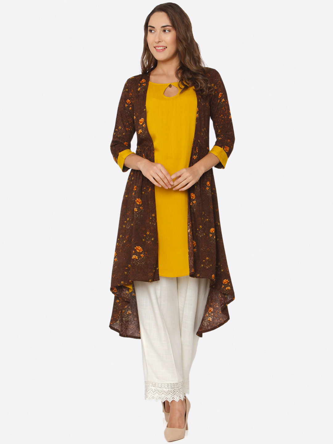 

shiloh Women Brown & Mustard Printed A-Line Kurta