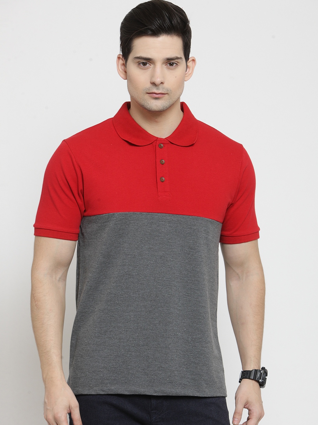 

Kalt Men Red & Grey Melange Colourblocked Polo Collar T-shirt