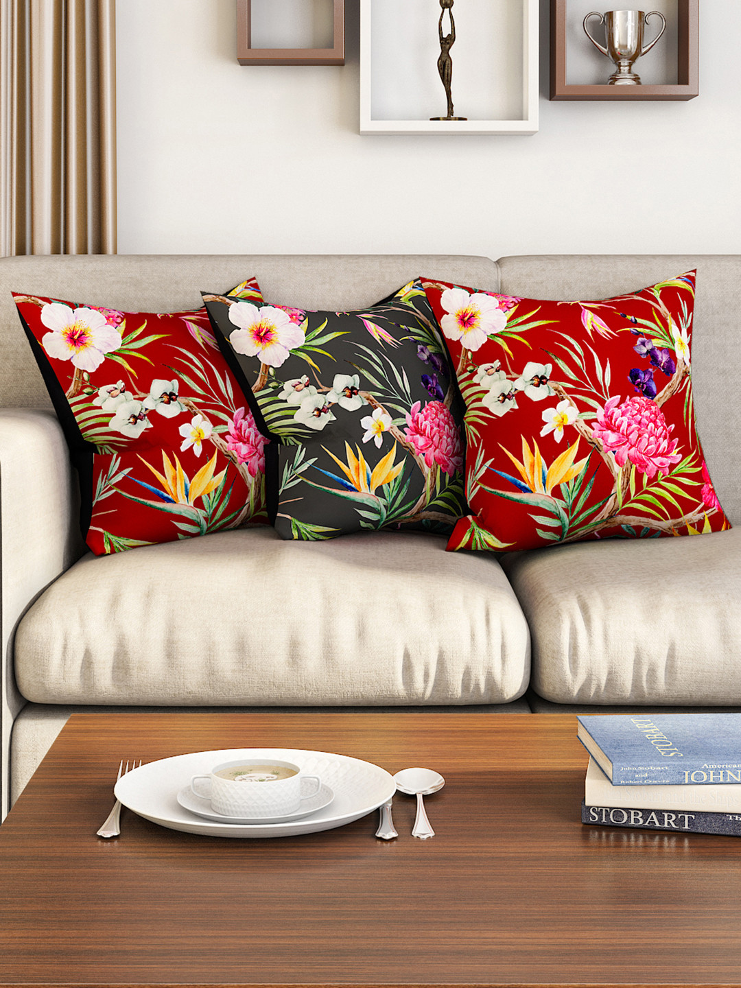 

SEJ by Nisha Gupta Set of 3 Floral Square Cushion Covers, Maroon