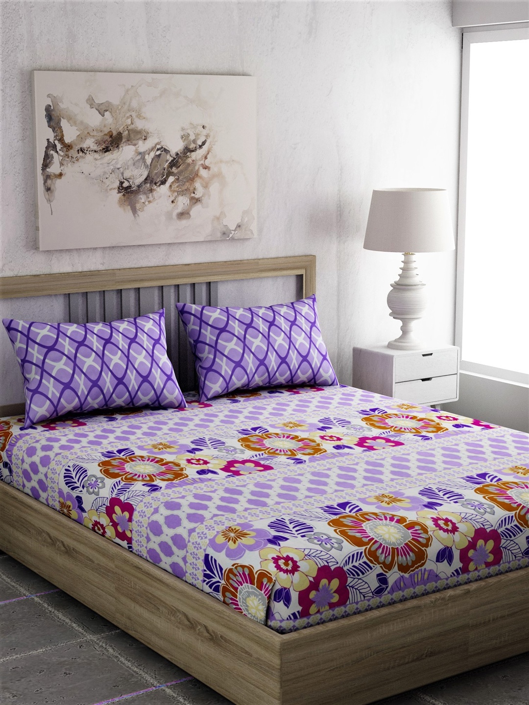 

EverHOME Purple Floral 180 TC Cotton 1 King Bedsheet with 2 Pillow Covers
