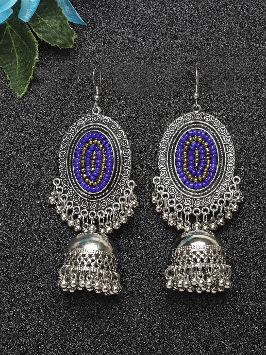 

Moedbuille Blue & Silver-Plated Handcrafted Shaped Jhumkas