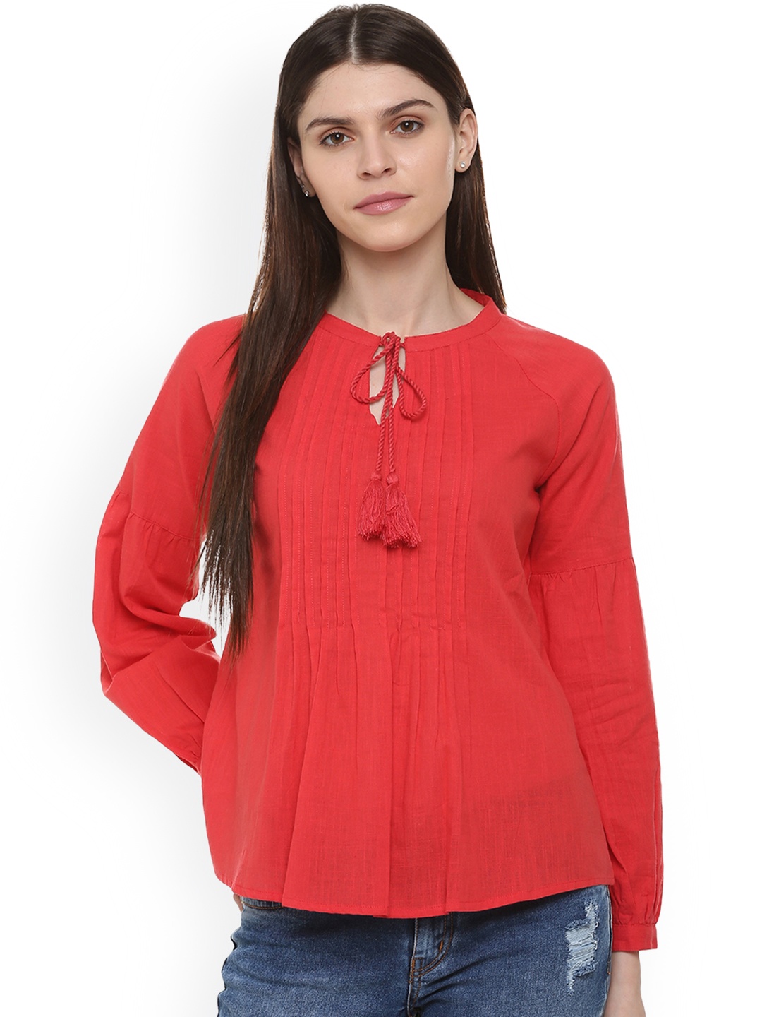 

People Women Red Solid A-Line Pure Cotton Top