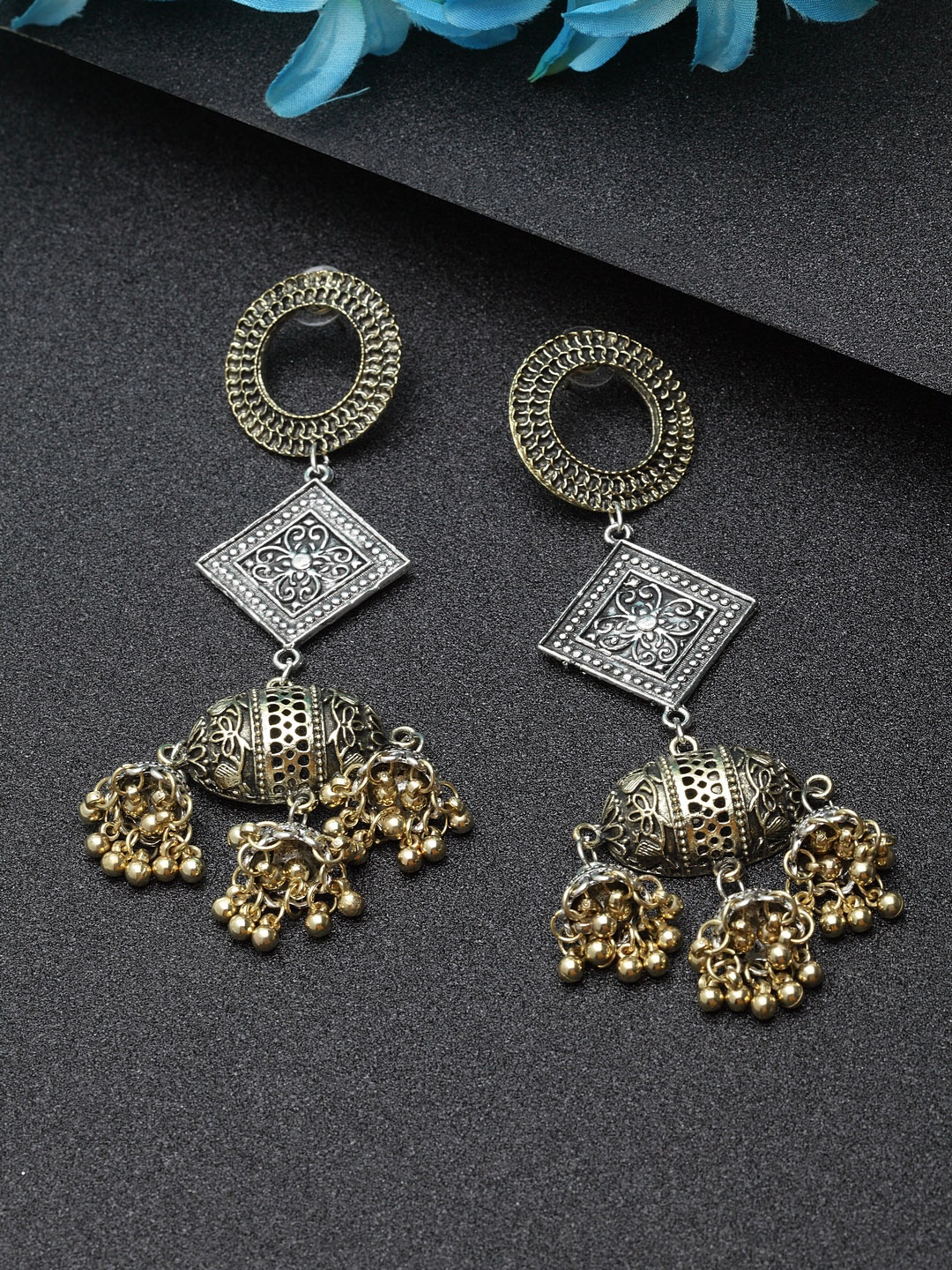 

Moedbuille Gold-Plated Handcrafted Filigree Geometric Jhumkas
