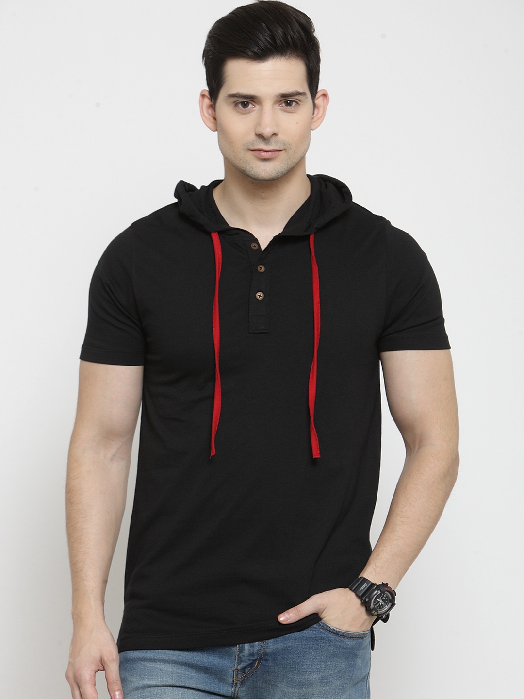 

Kalt Men Black Solid Hood T-shirt