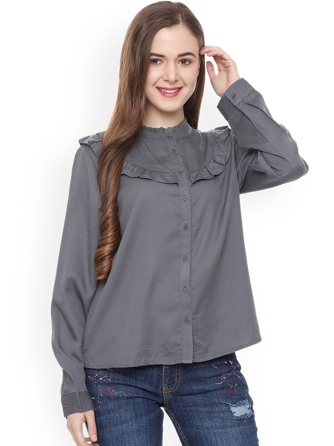 

People Women Grey Solid Shirt Style Top