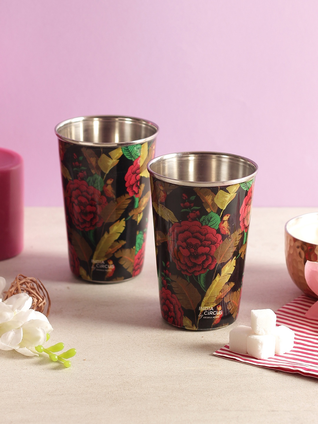 

India Circus by Krsnaa Mehta Set of 2 Multicoloured Printed Steel Tumblers, Multi