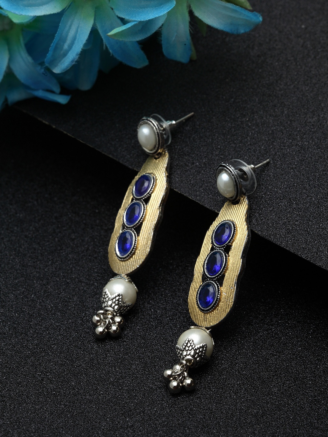 

Moedbuille Blue & Gold-Plated Handcrafted Geometric Drop Earrings