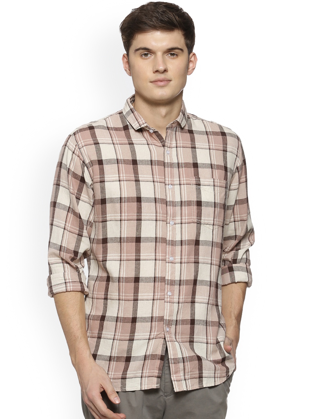 

Campus Sutra Men Beige Standard Regular Fit Checked Casual Shirt