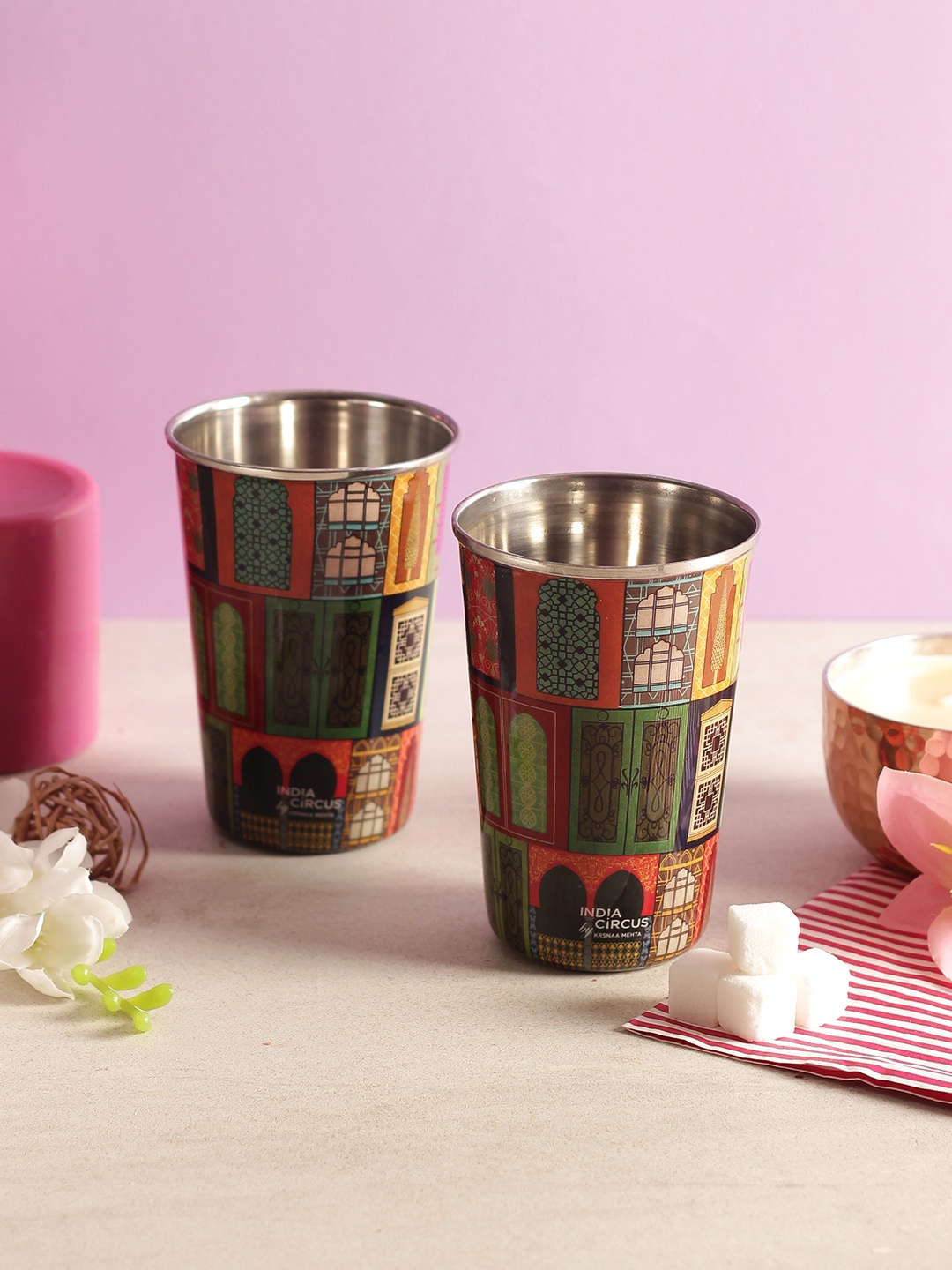 

India Circus by Krsnaa Mehta Set of 2 Multicoloured Printed Steel Tumblers, Multi