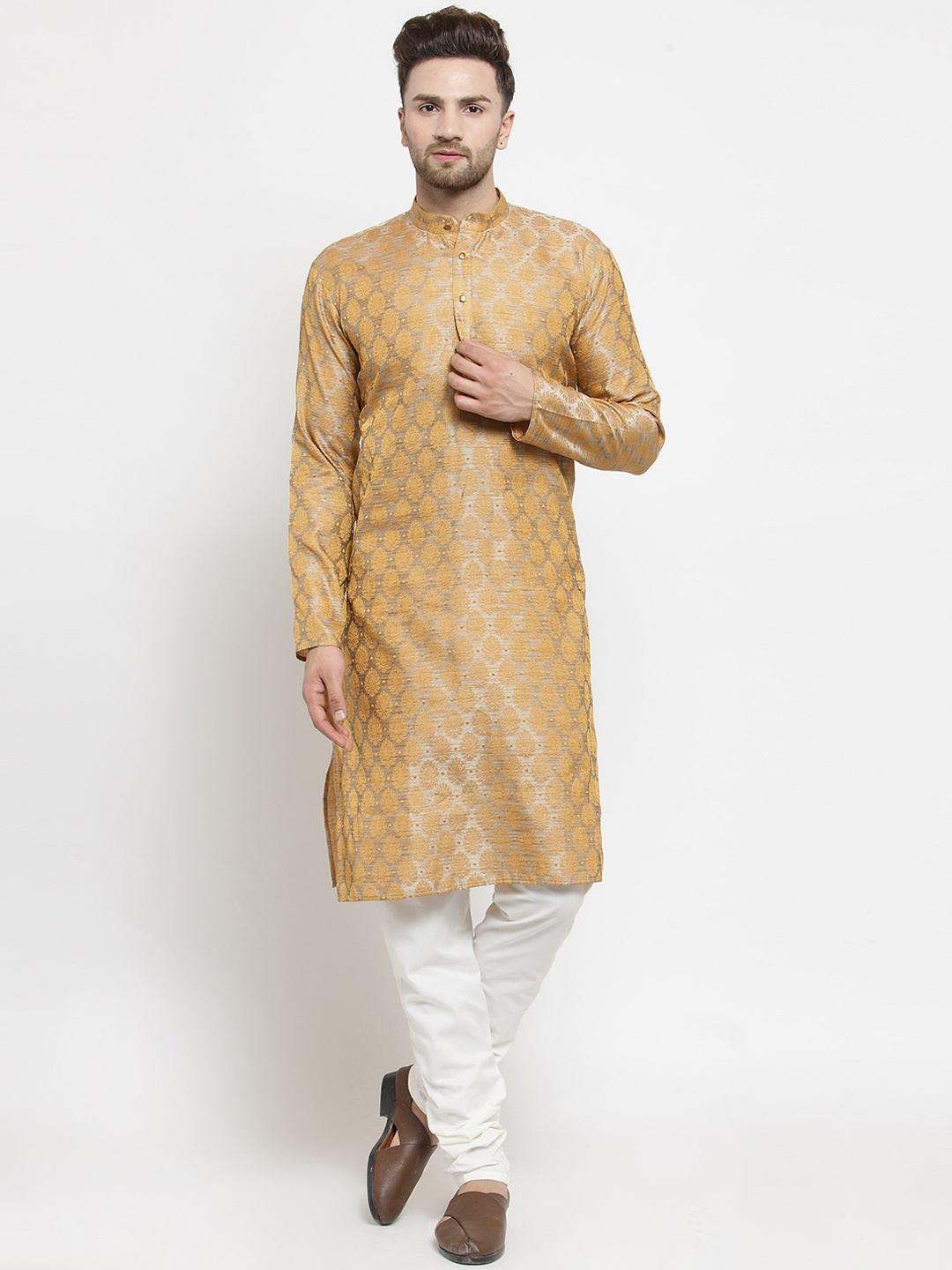 Jompers Men Silver-Coloured & Yellow Self Design Kurta with Churidar