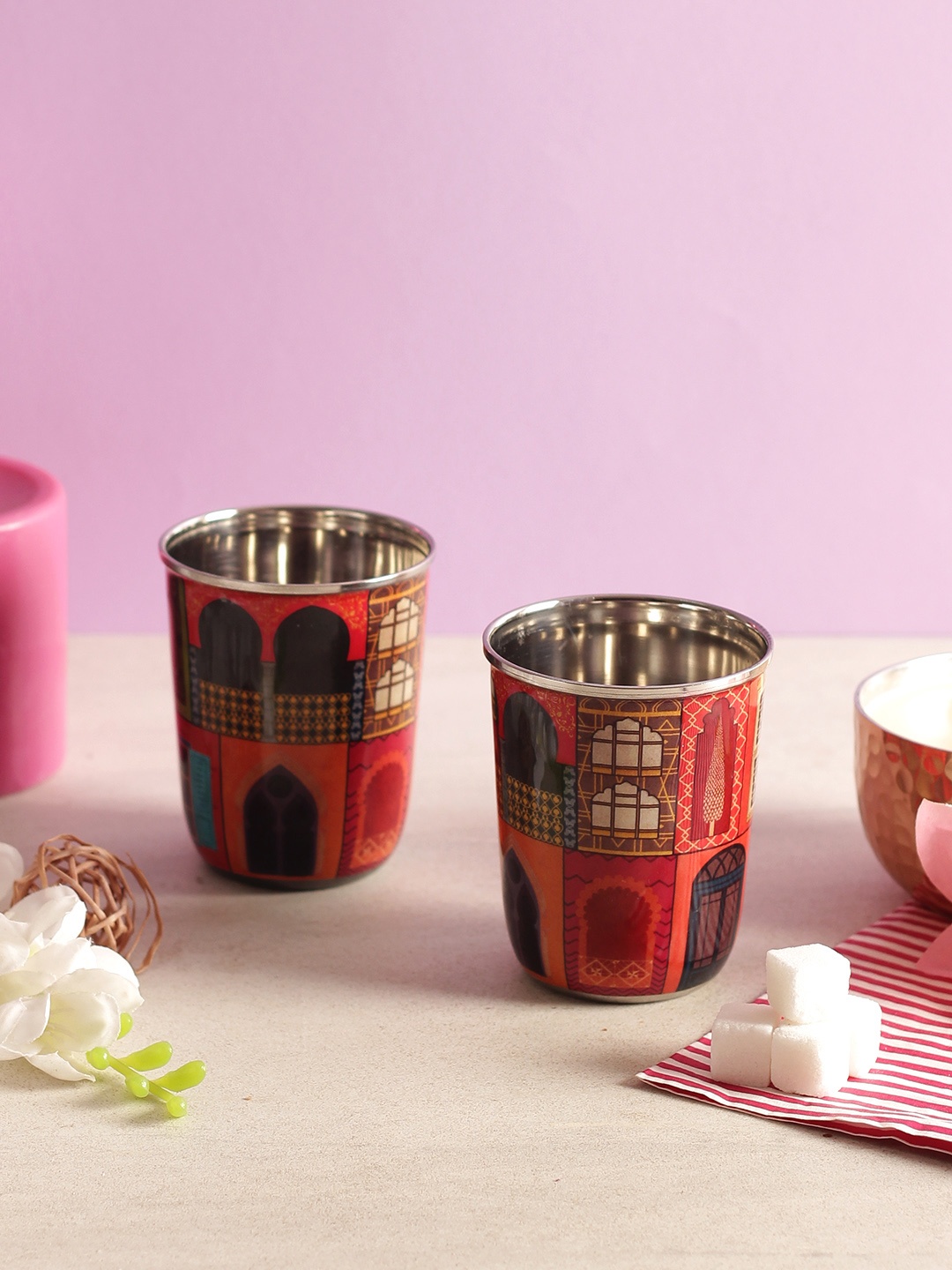 

India Circus by Krsnaa Mehta Set of 2 Multicoloured Printed Steel Tumblers, Multi