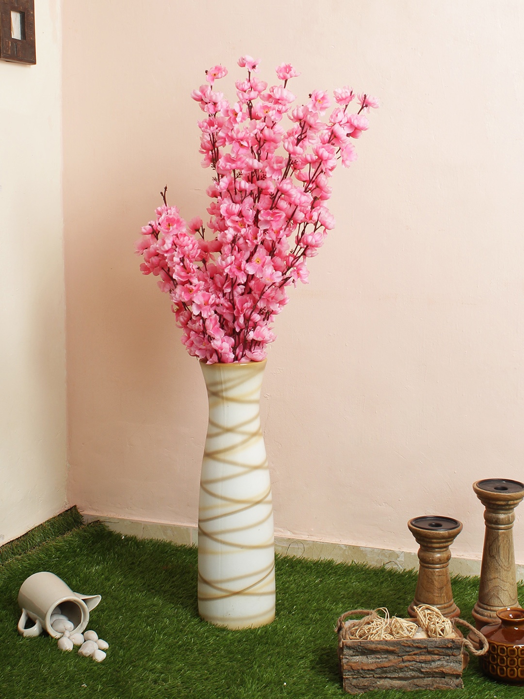 

Fourwalls Pink Artificial Cherry Blossom Floor Flower Plant Without Pot