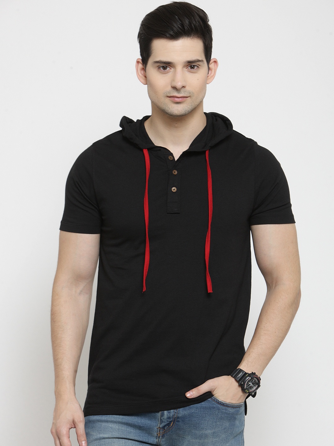 

Kalt Men Black Solid Hood T-shirt