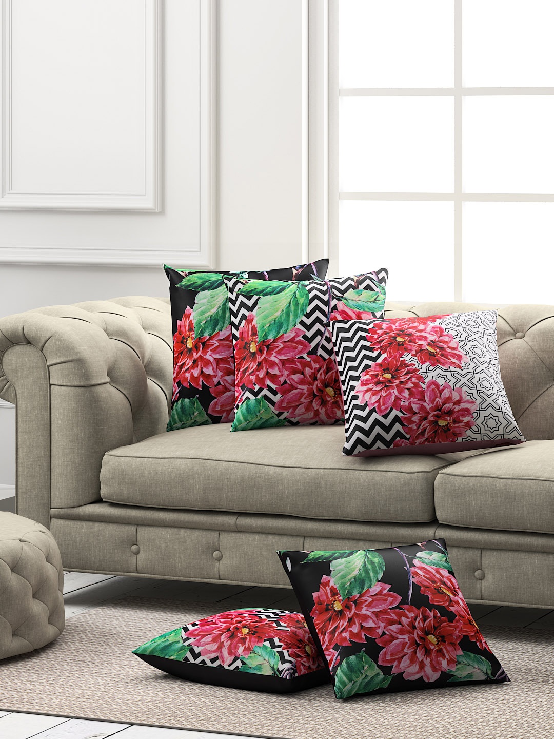 

SEJ by Nisha Gupta Set of 5 Floral Square Cushion Covers, Black