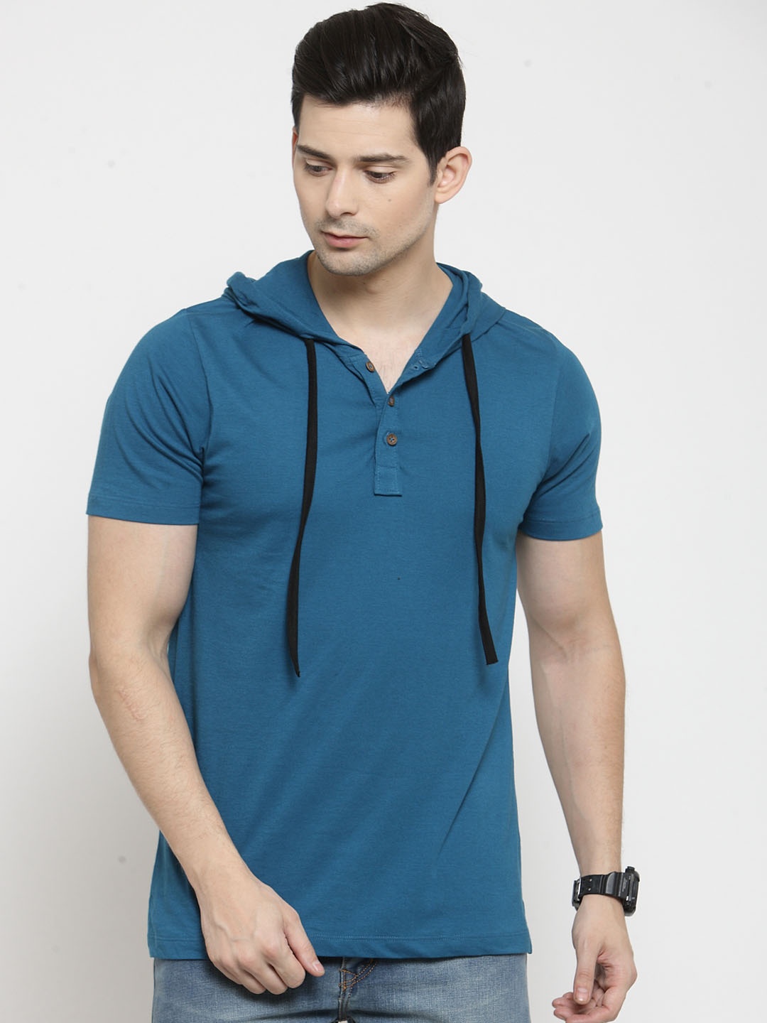 

Kalt Men Teal Solid Hood T-shirt