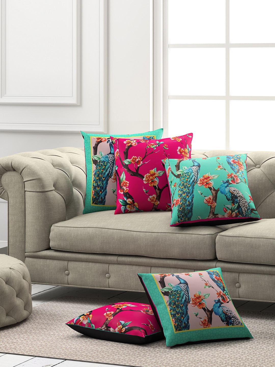 

SEJ by Nisha Gupta Set of 5 Printed Square Cushion Covers, Green