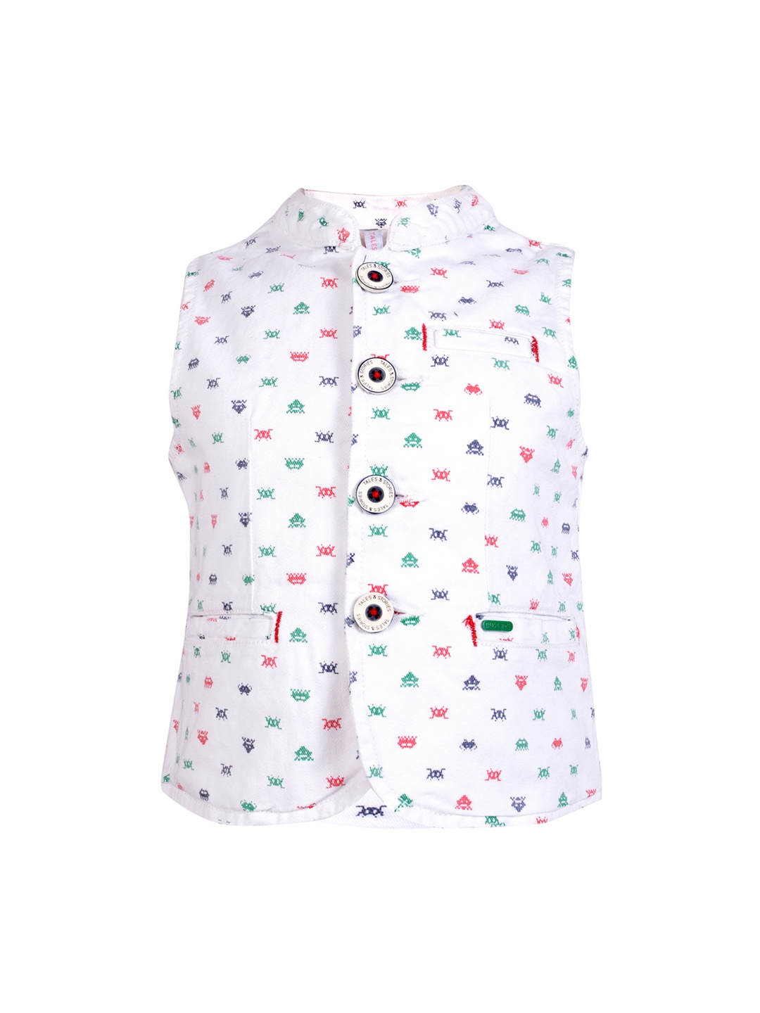

TALES & STORIES Boys White Printed Pure Cotton Nehru Jacket