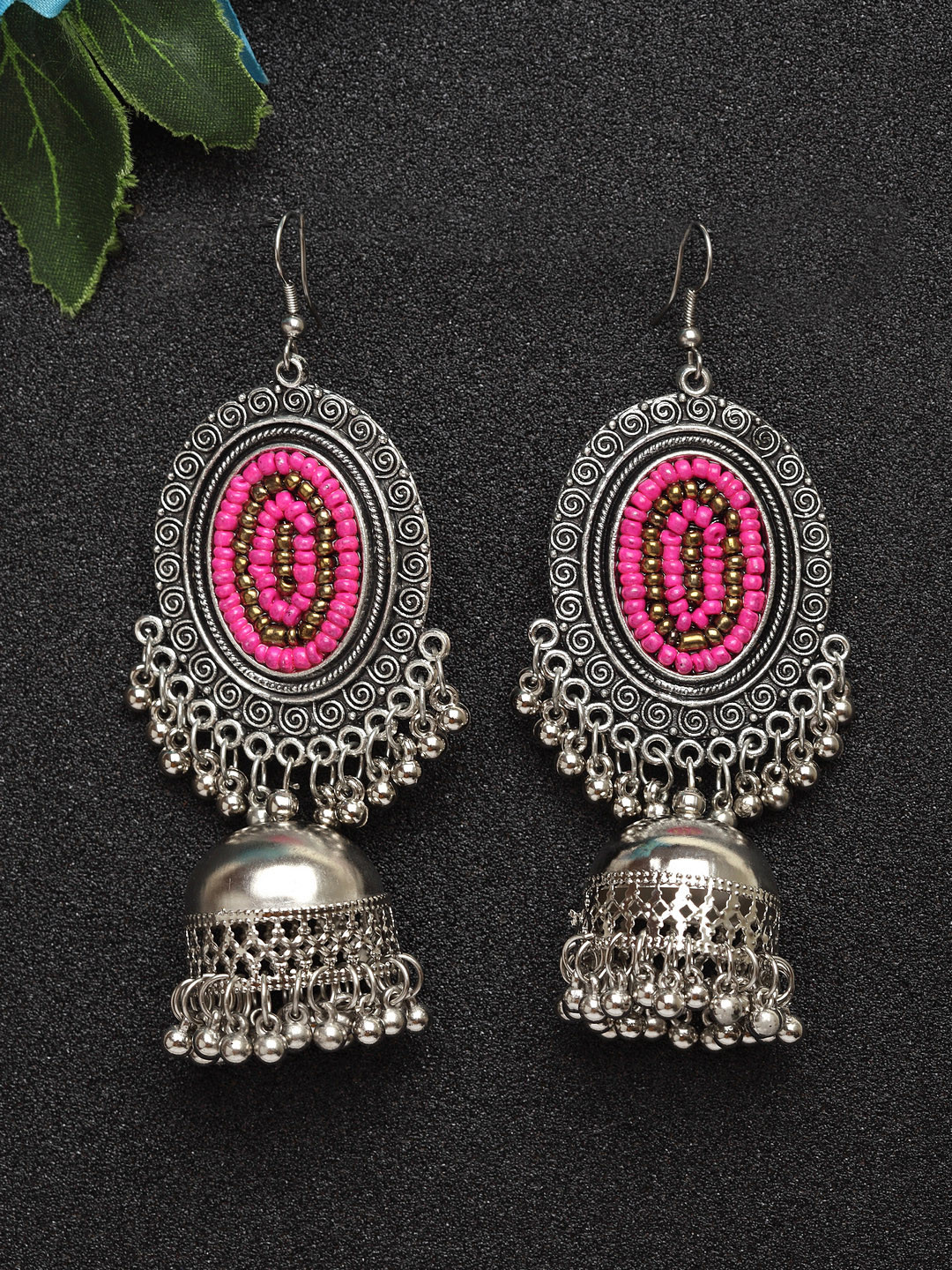 

Moedbuille Pink & Silver-Plated Handcrafted Oxidised Afghan Dome Shaped Jhumkas