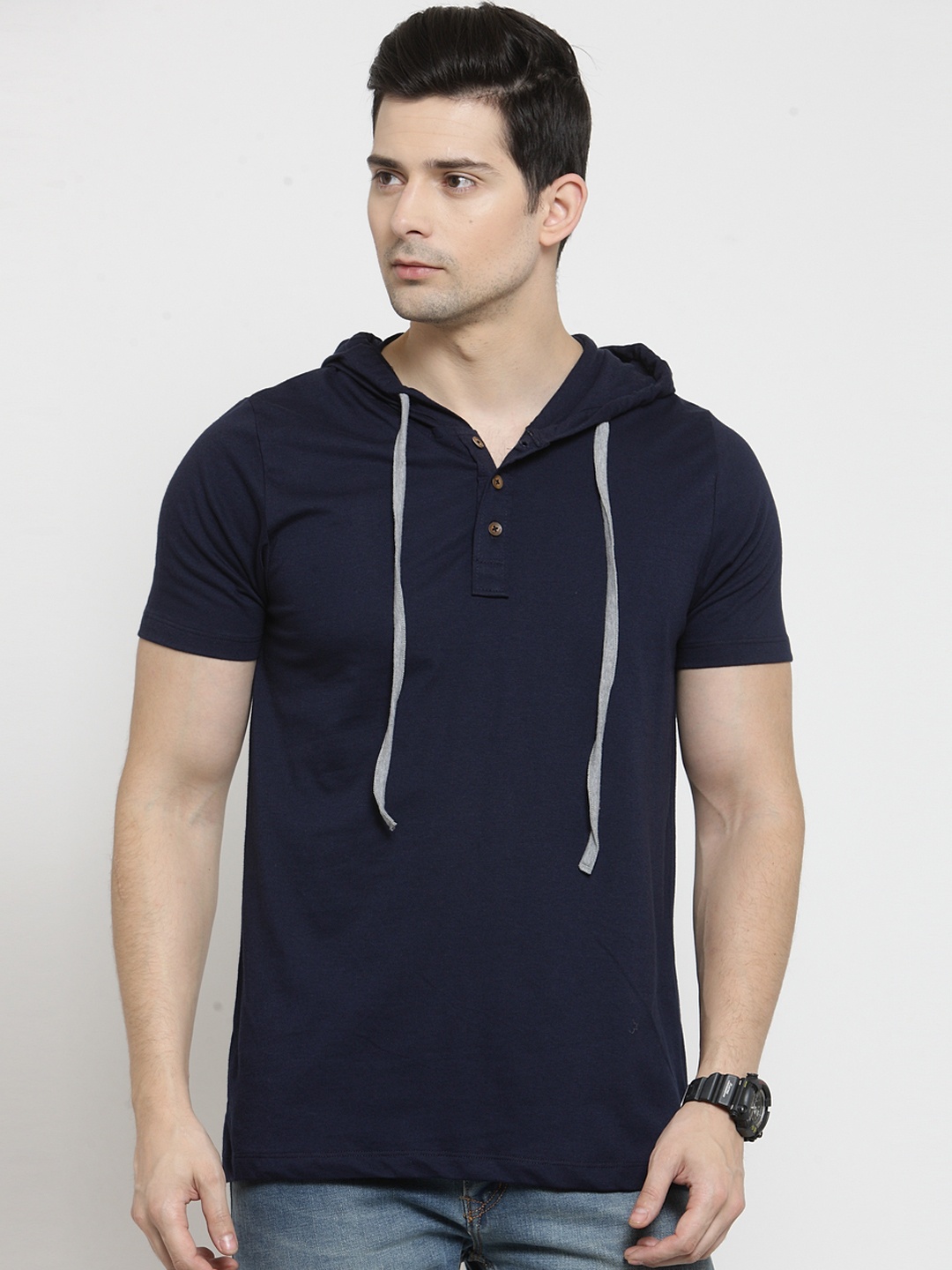

Kalt Men Navy Blue Solid Hood T-shirt