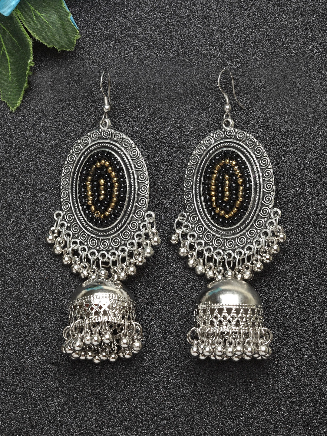 

Moedbuille Women Black & Silver-Plated Oxidised Contemporary Jhumkas