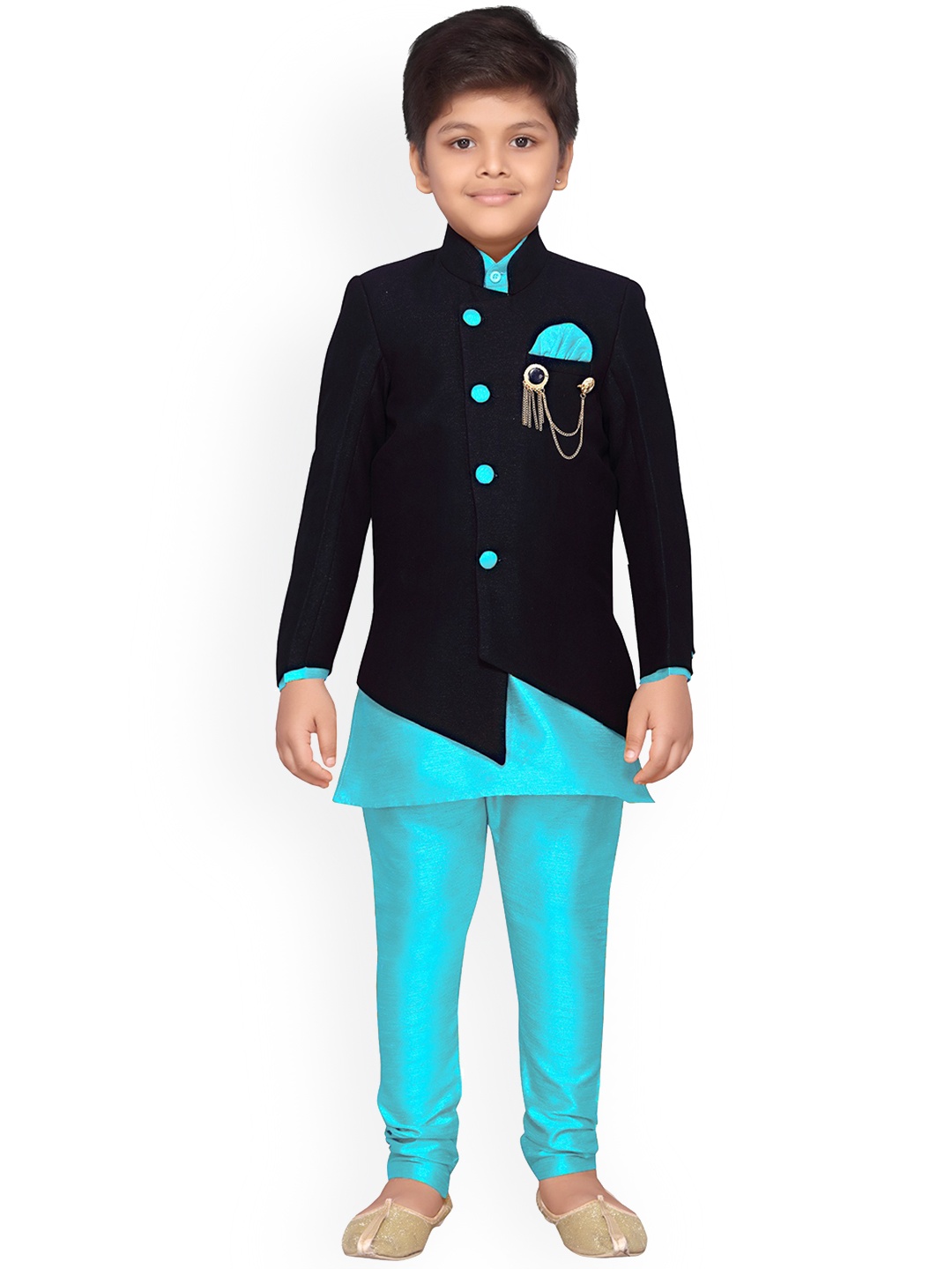 

Aj DEZInES Boys Turquoise Blue & Black Solid Sherwani Set