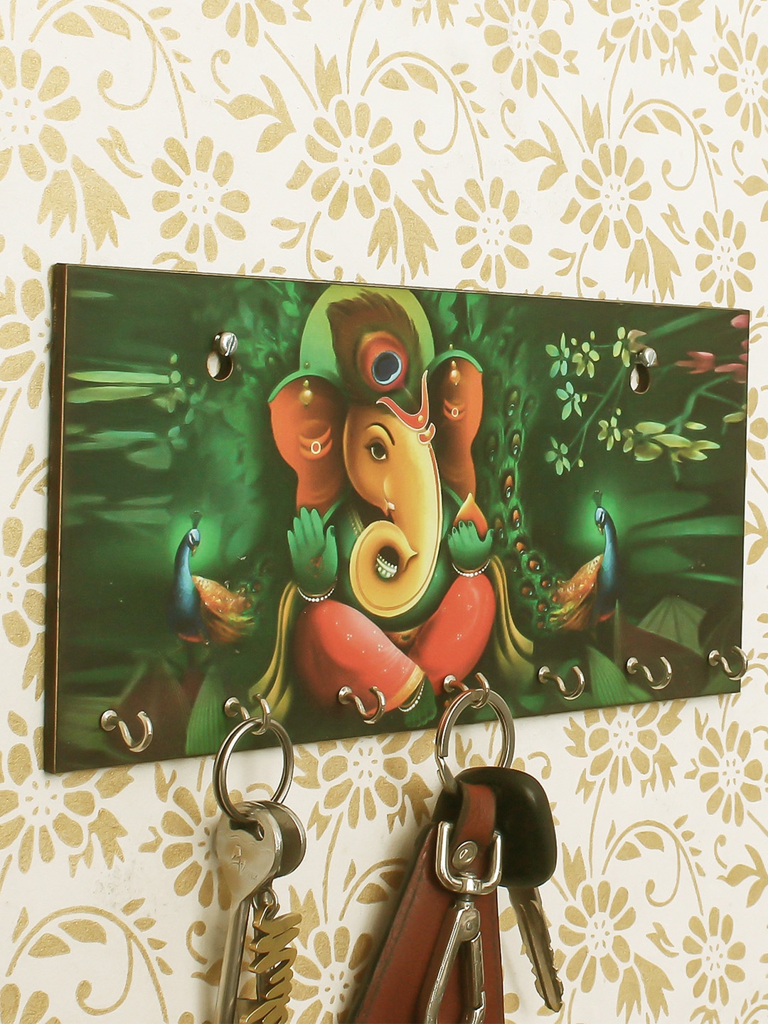 

eCraftIndia Multicoloured Lord Ganesha Theme Wooden Key Holder, Multi