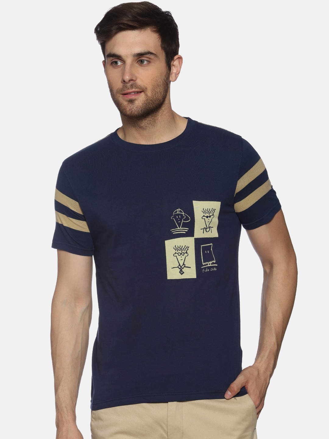 

FIDO DIDO Men Navy Blue Printed Round Neck Pure Cotton T-shirt