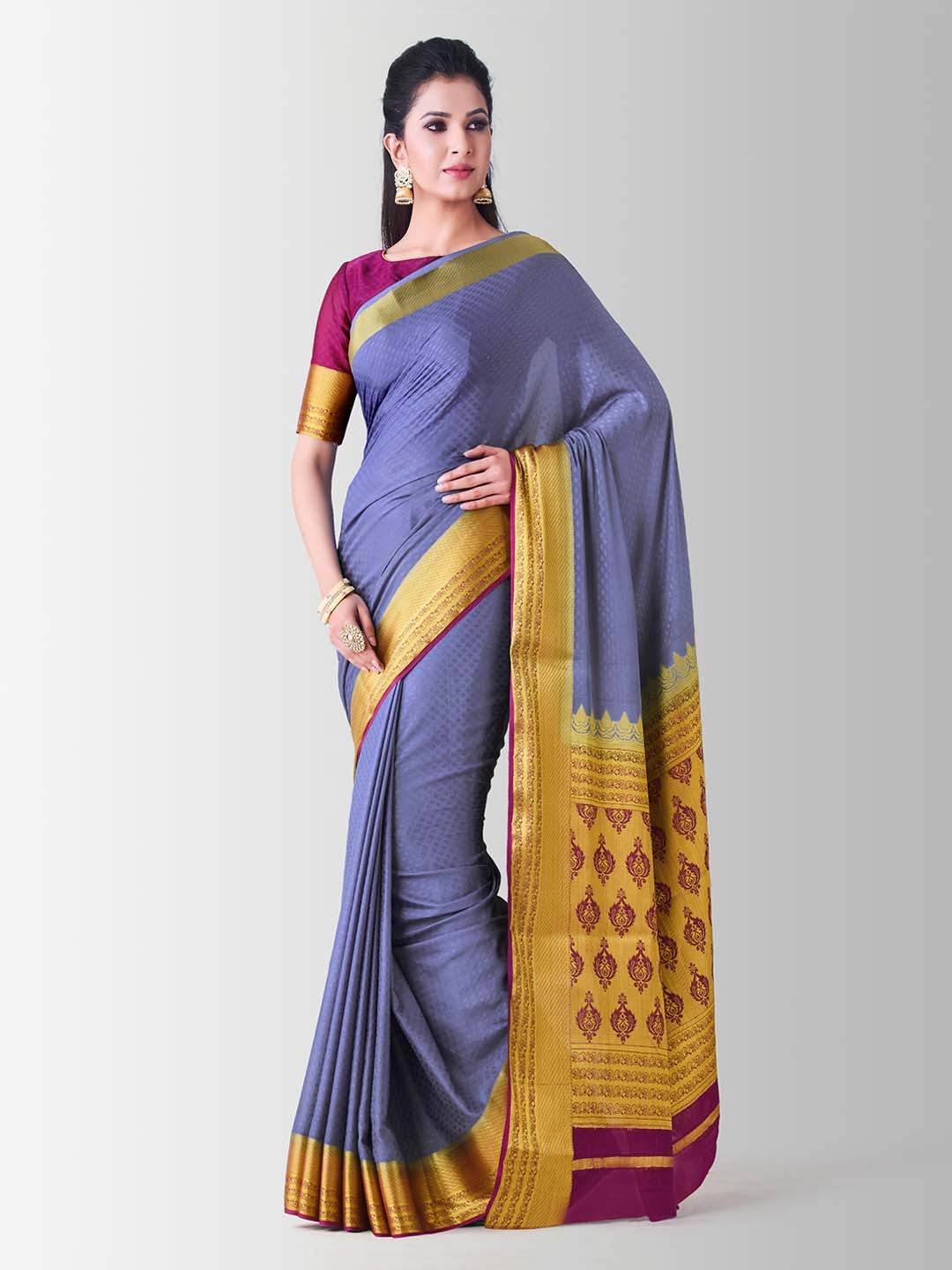 

MIMOSA Blue Poly Crepe Woven Design Mysore Silk Saree