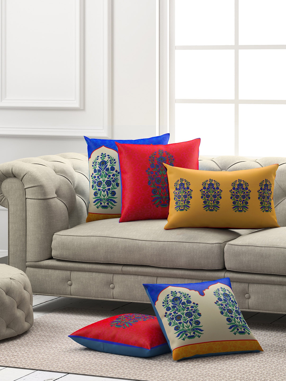 

SEJ by Nisha Gupta Set of 5 Ethnic Square Cushion Covers, Red