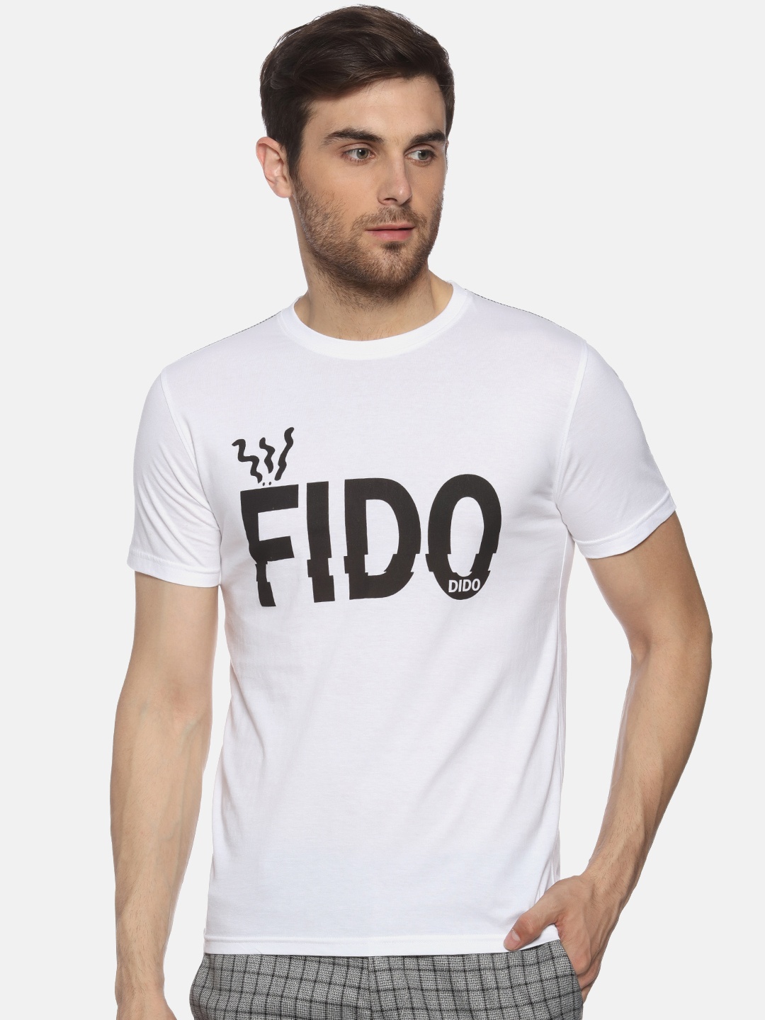 

FIDO DIDO Men White Solid Round Neck Pure Cotton T-shirt