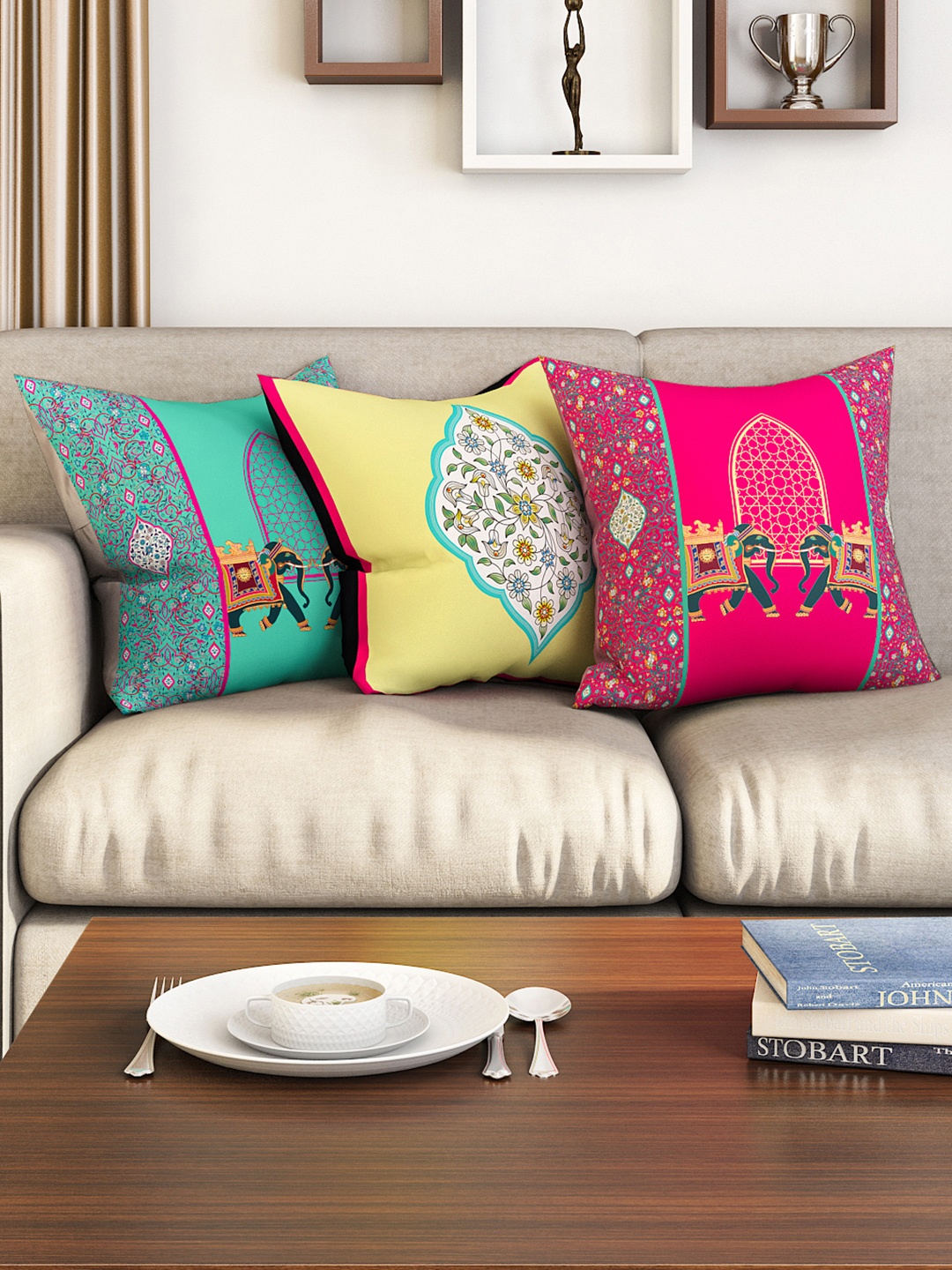 

SEJ by Nisha Gupta Set of 3 Ethnic Motifs Square Cushion Covers, Green