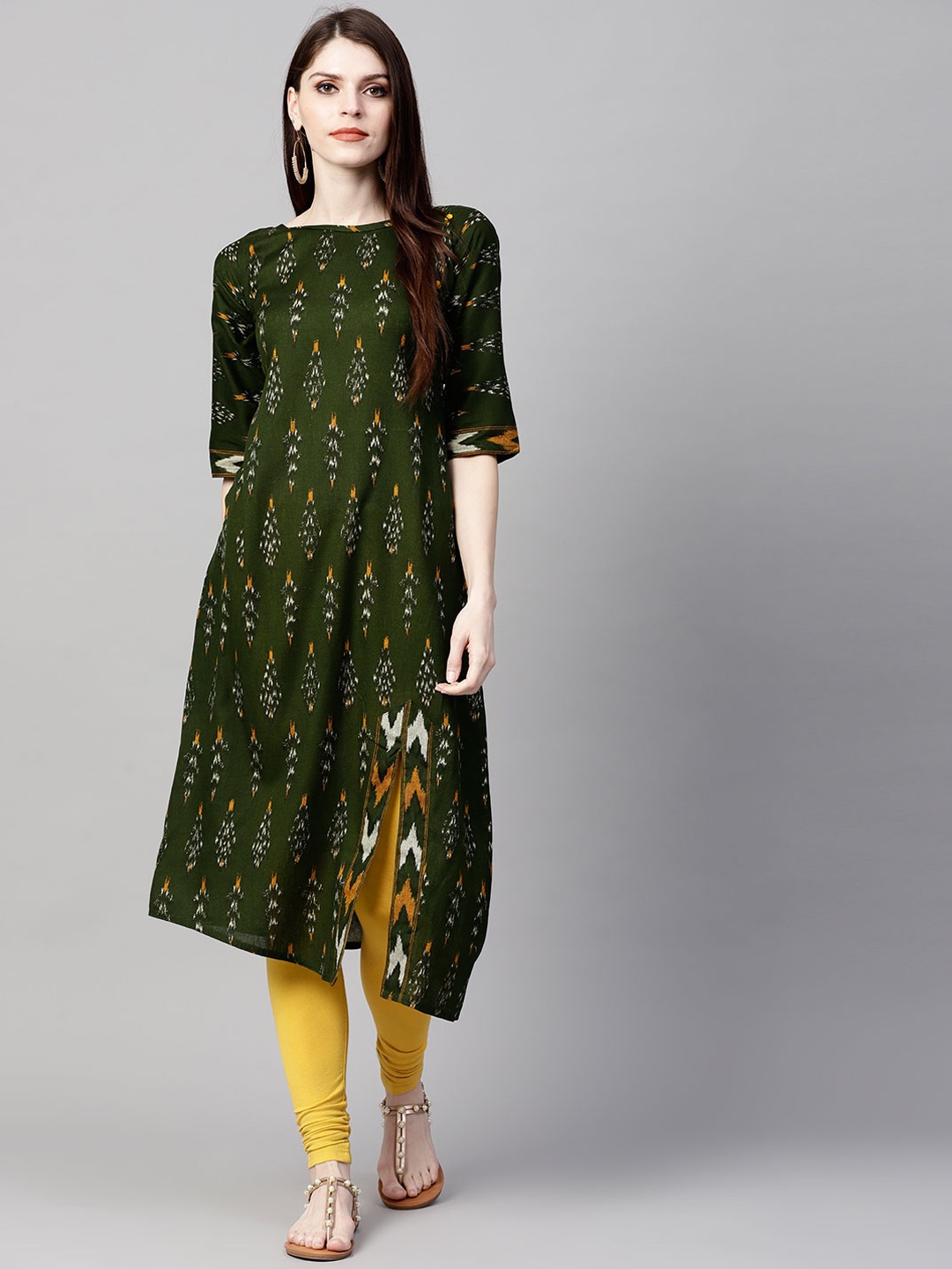 

Yuris Women Green Printed Asymmetrical Hem A-Line Kurta