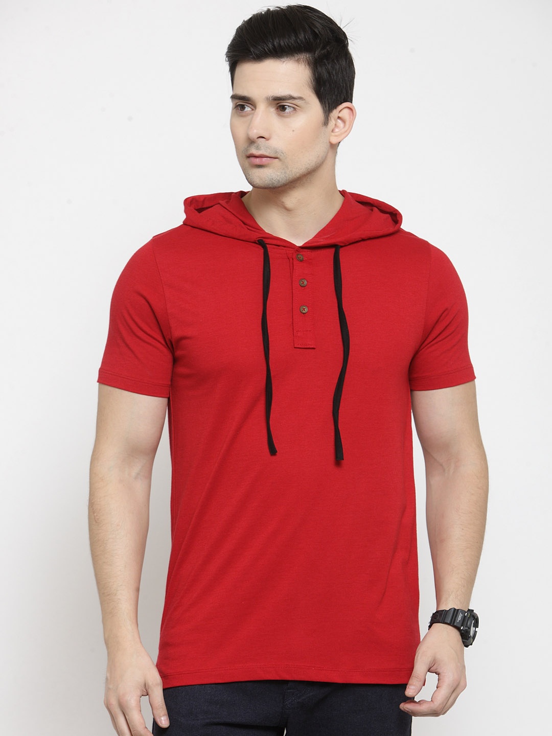 

Kalt Men Red Solid Hooded T-shirt