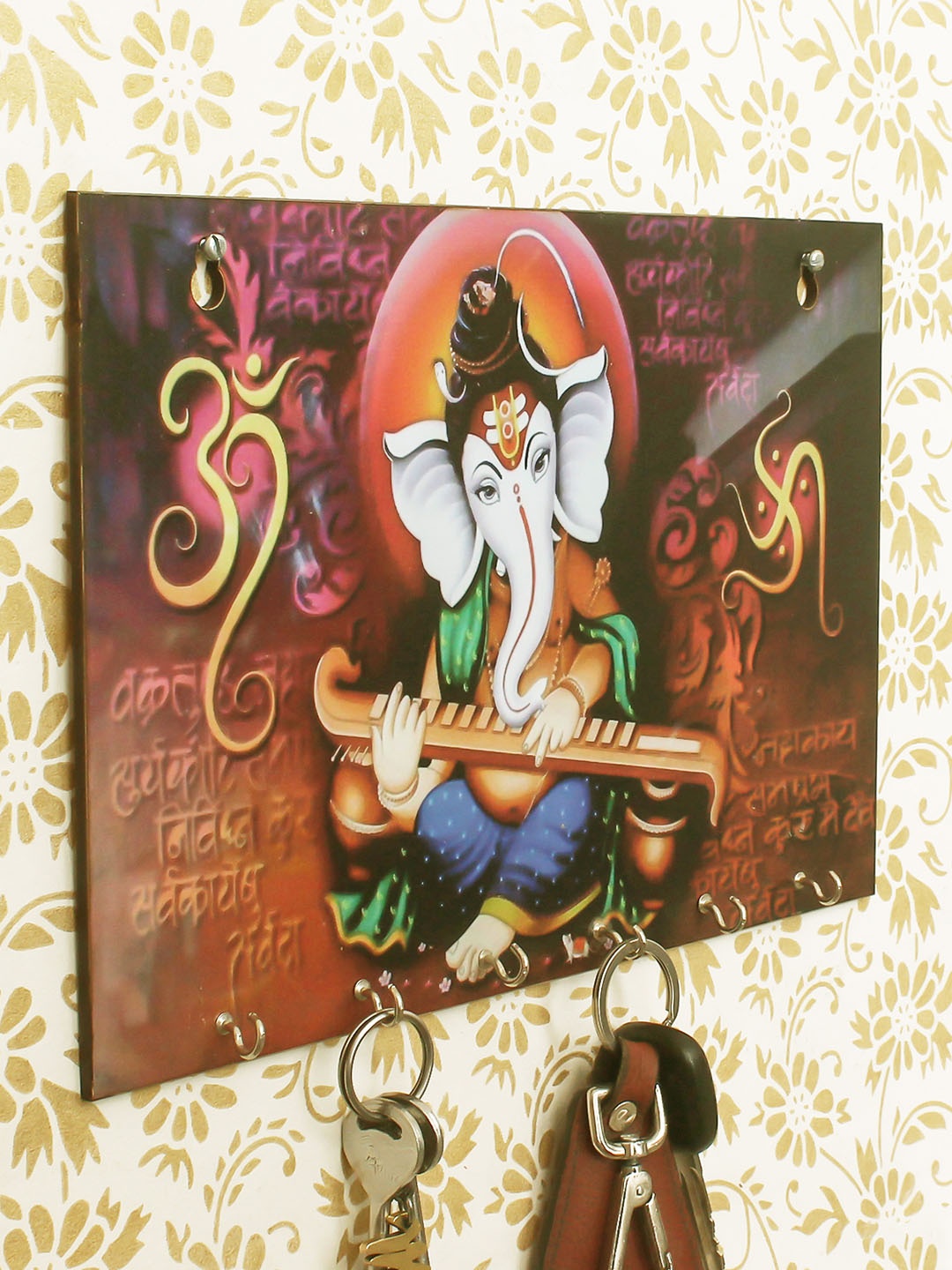 

eCraftIndia Multicoloured Lord Ganesha Theme Wooden Key Holder, Multi