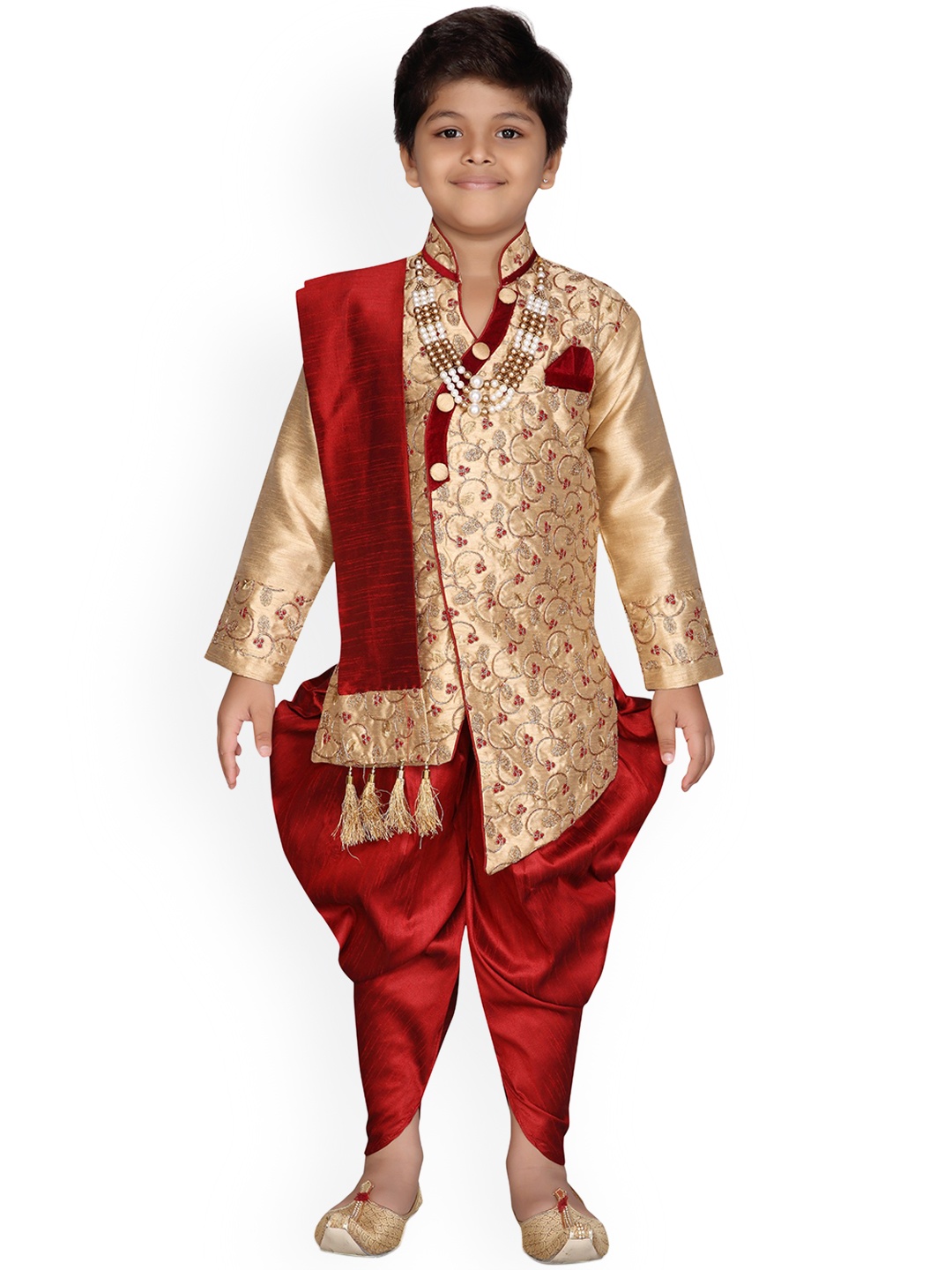 

Aj DEZInES Boys Beige & Maroon Printed Sherwani Set