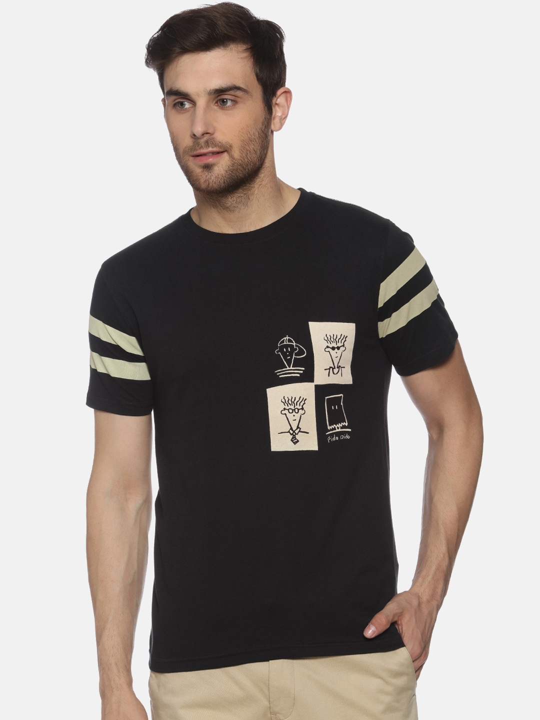 

FIDO DIDO Men Black Printed Round Neck Pure Cotton T-shirt