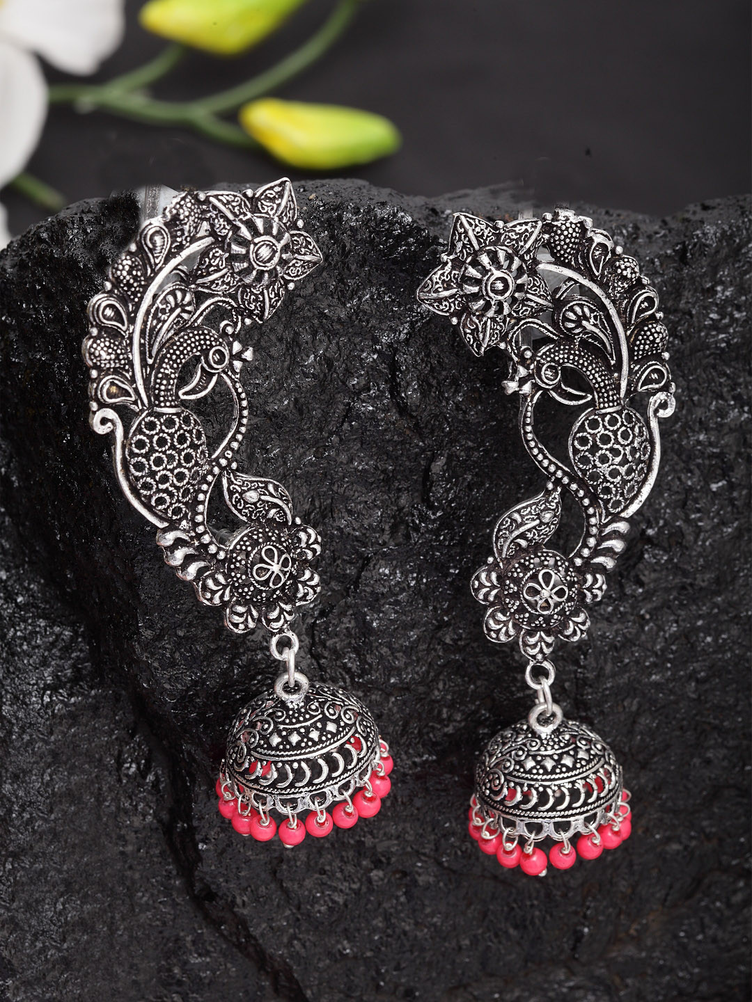 

Moedbuille Pink & Silver-Plated Oxidised Peacock Shaped Jhumkas