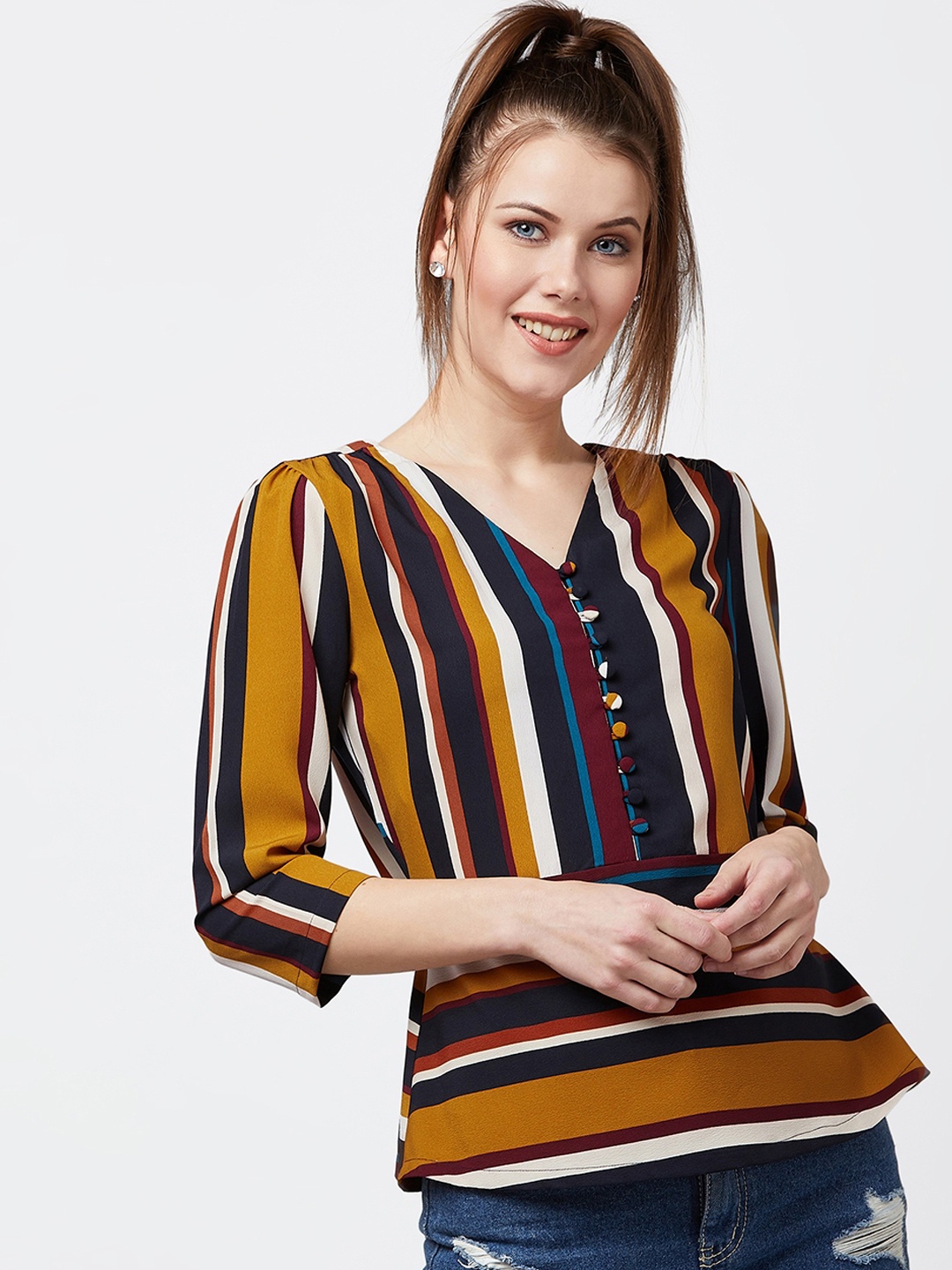 

RARE Women Mustard Yellow & Navy Blue Striped Regular Top