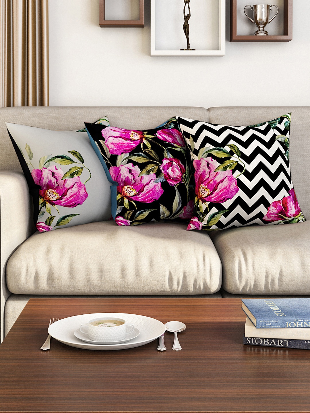 

SEJ by Nisha Gupta Grey Set of 3 Floral Square Cushion Covers