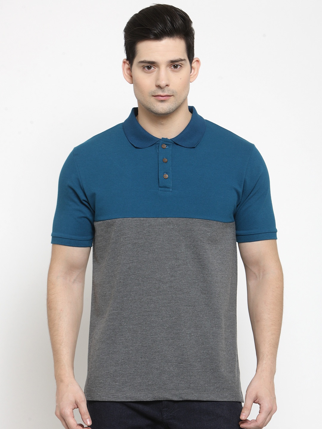 

Kalt Men Teal Blue & Grey Colourblocked Polo Collar T-shirt