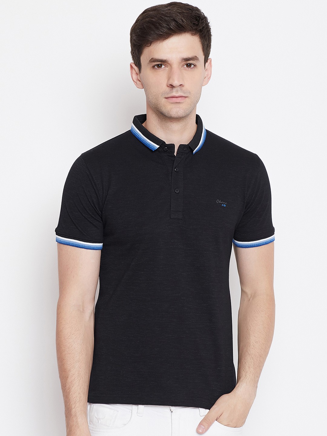 

Okane Men Black Solid Polo Collar T-shirt