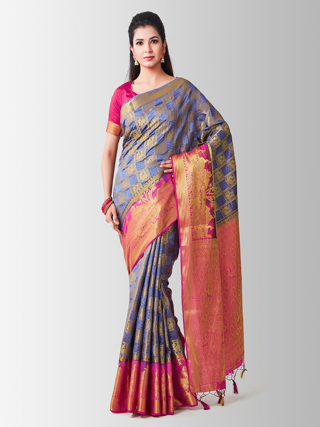 

MIMOSA Blue & Pink Art Silk Woven Design Kanjeevaram Saree