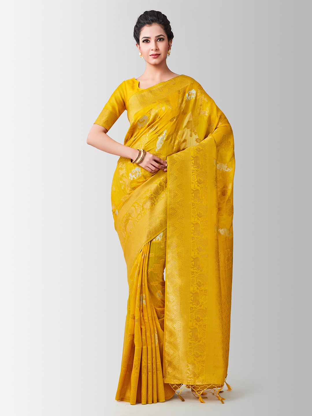 

MIMOSA Mustard Yellow Art Silk Woven Design Kanjeevaram Saree