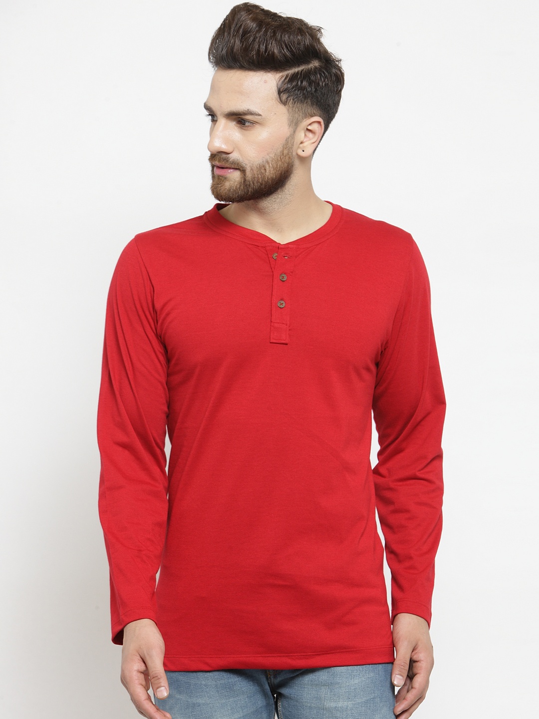 Kalt Men Red Solid Mandarin Collar T-shirt
