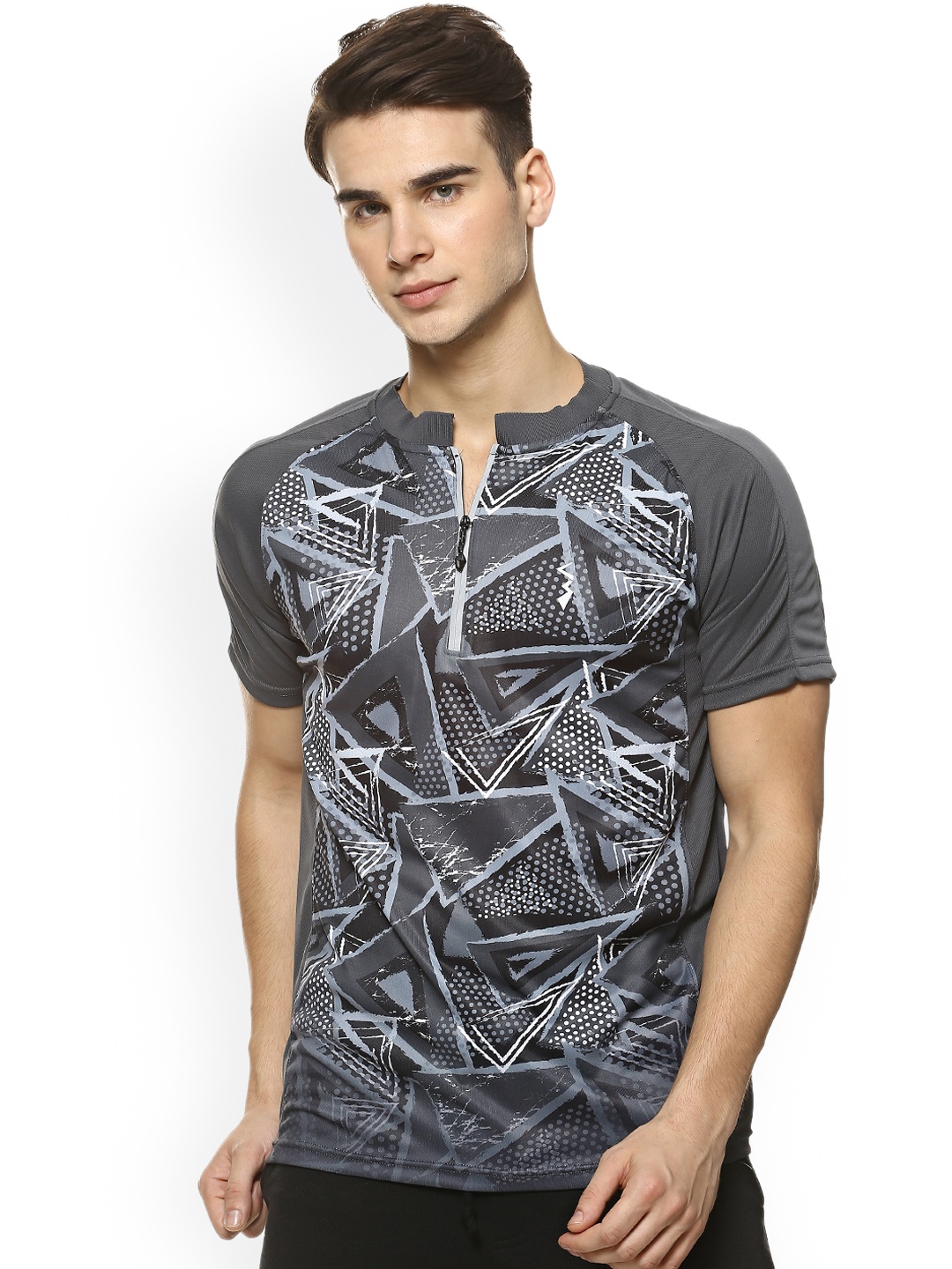Campus Sutra Men Grey Printed Mandarin Collar T-shirt