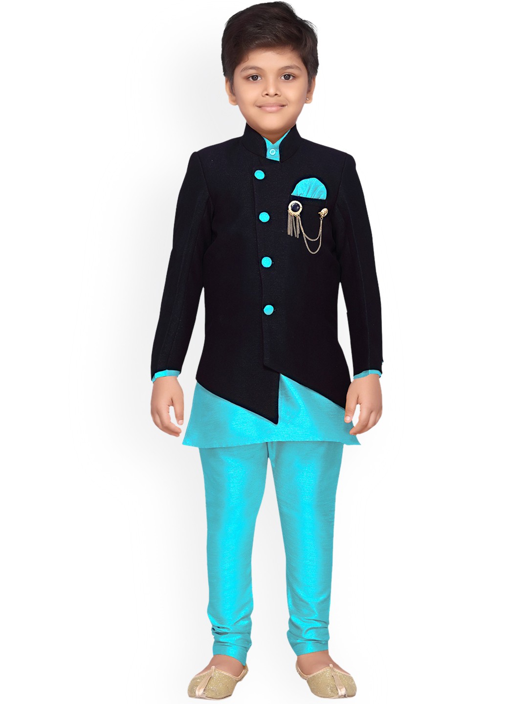 

Aj DEZInES Boys Turquoise Blue & Black Solid Sherwani Set