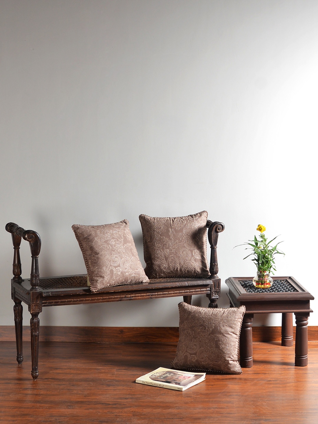 

Deco Window Set of 3 Floral Square Cushion Covers, Brown